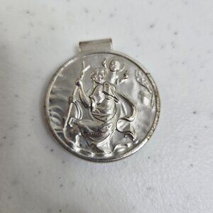 Anson Vtg Large Round St Christopher Religious Medal Money Clip Silver Tone